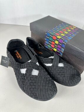 bernie mev. Black Woven Cross-Strap Sandals. Brand New